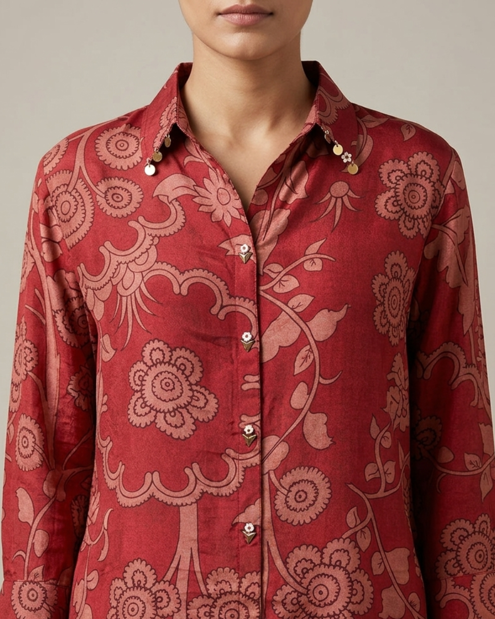 Nysa- Rust Red Silk Printed Shirt with Contrast Back Print