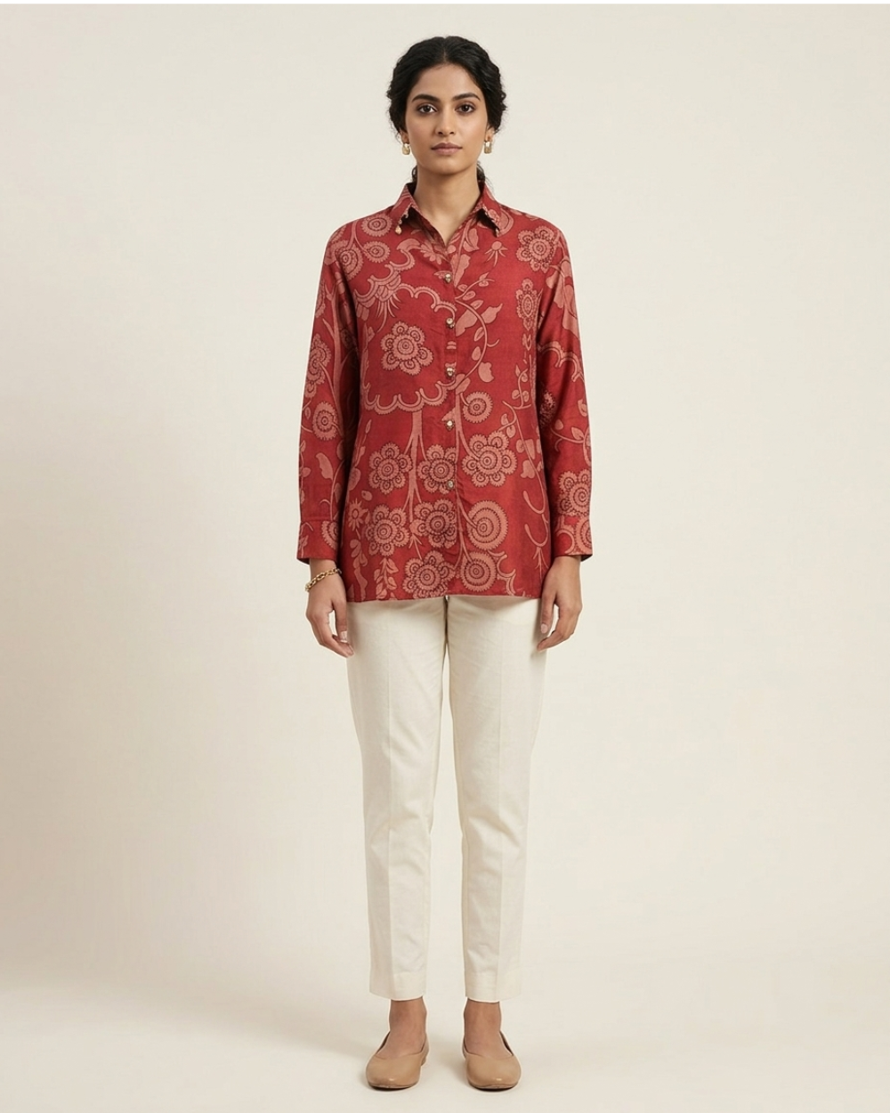 Nysa- Rust Red Silk Printed Shirt with Contrast Back Print