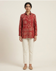 Nysa- Rust Red Silk Printed Shirt with Contrast Back Print