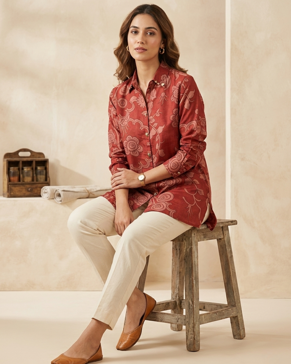 Nysa- Rust Red Silk Printed Shirt with Contrast Back Print