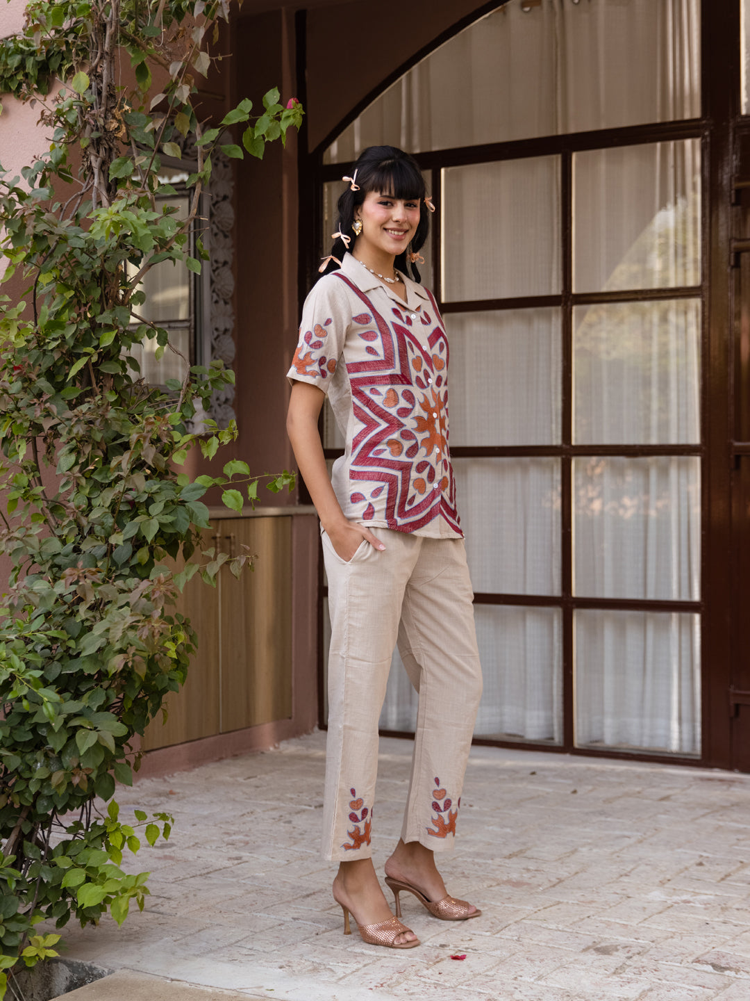 Aura-Desert Ivory Embroidered Cotton Co-ord Set with Reversible Collar