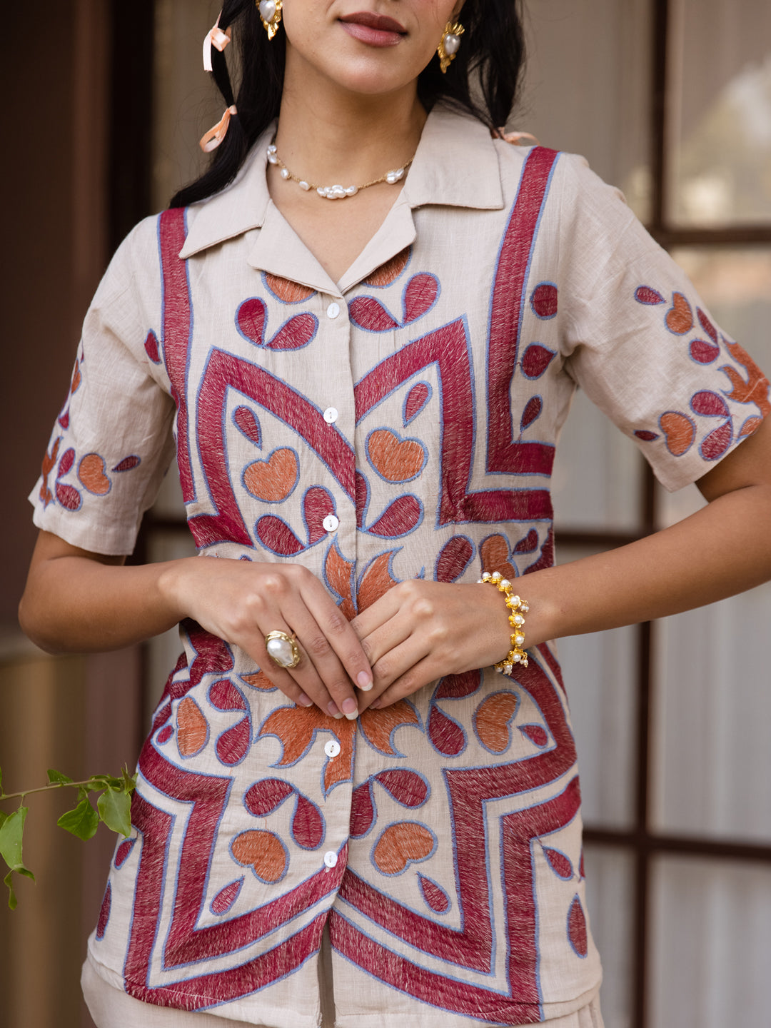 Aura-Desert Ivory Embroidered Cotton Co-ord Set with Reversible Collar