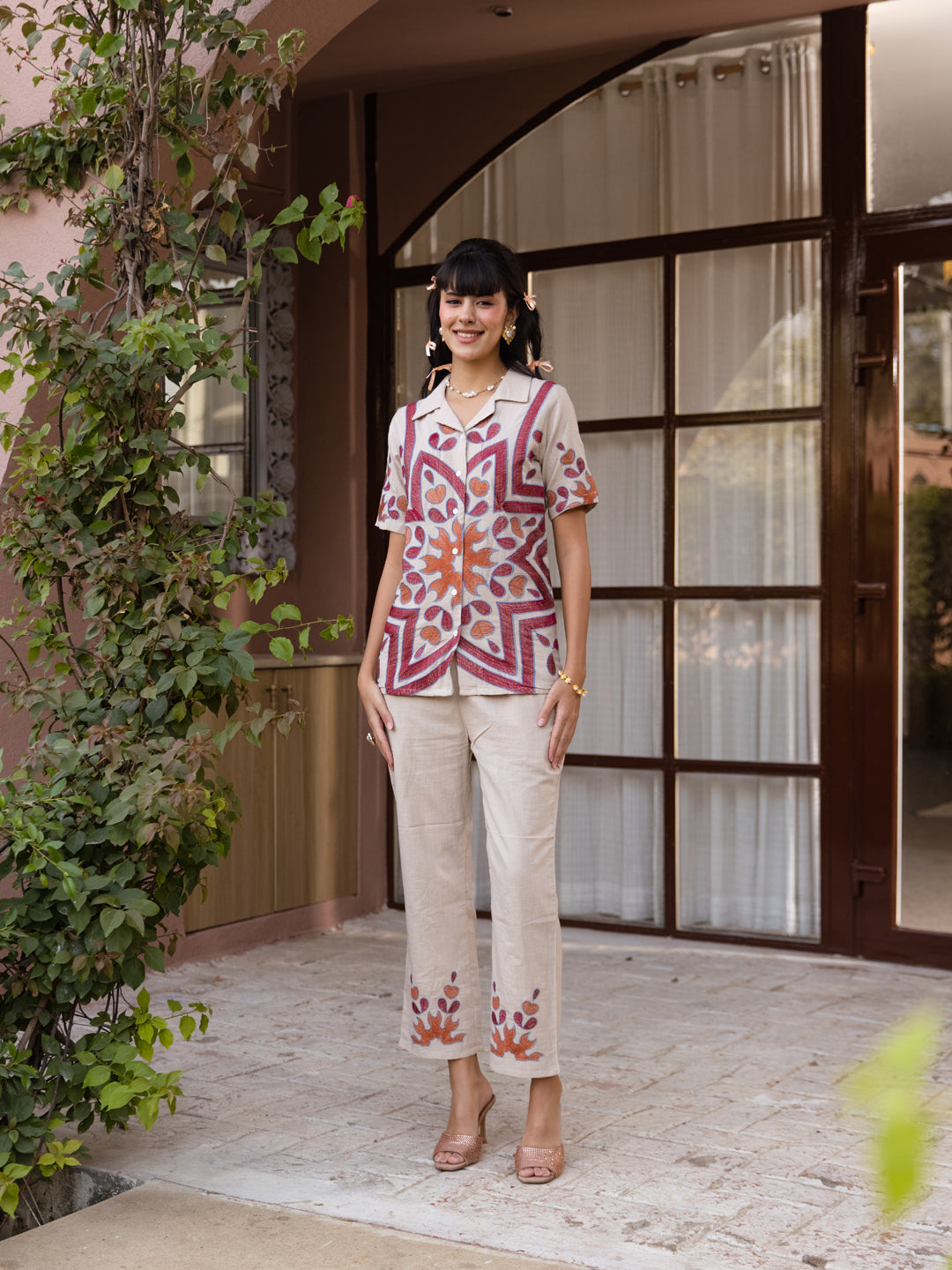 Aura-Desert Ivory Embroidered Cotton Co-ord Set with Reversible Collar