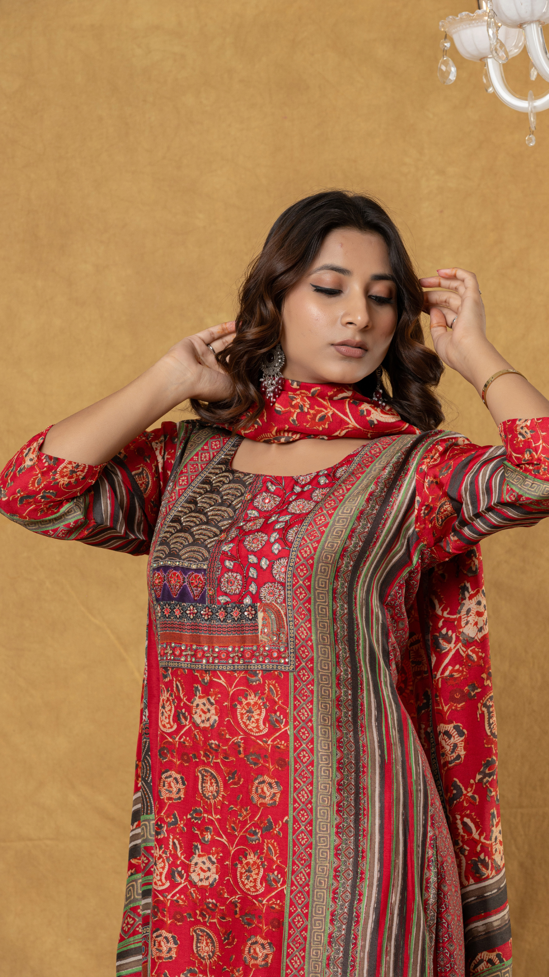 Alaya-Elegant Red Silk Printed Kurta Pant Dupatta Set for Party Wear