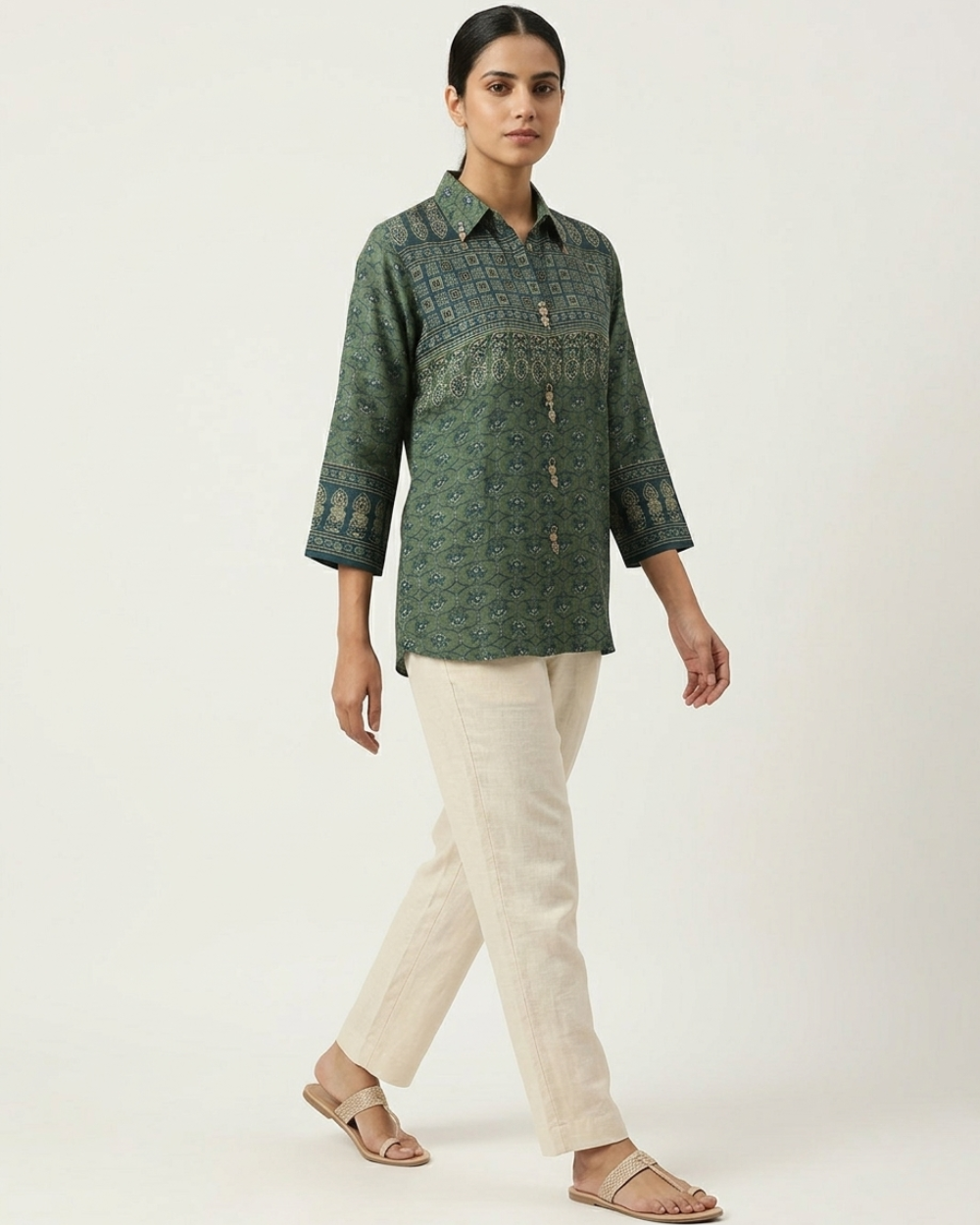 Ira - Olive Green Printed Casual Cotton Shirt for Women