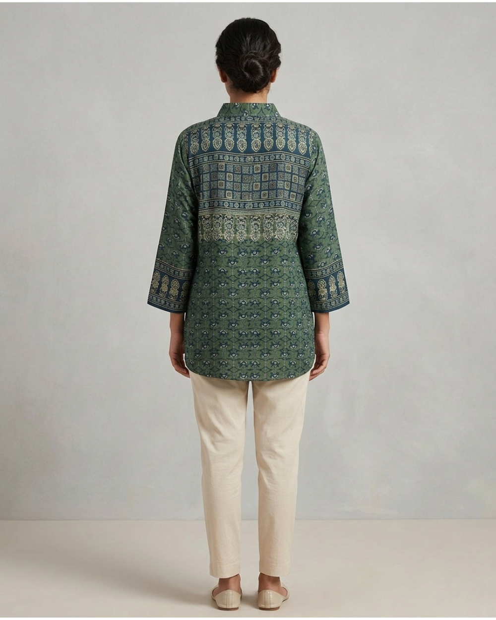 Ira - Olive Green Printed Casual Cotton Shirt for Women