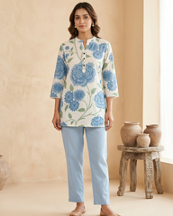 Aashi- Ivory Blue Floral Flex Cotton Short Kurti