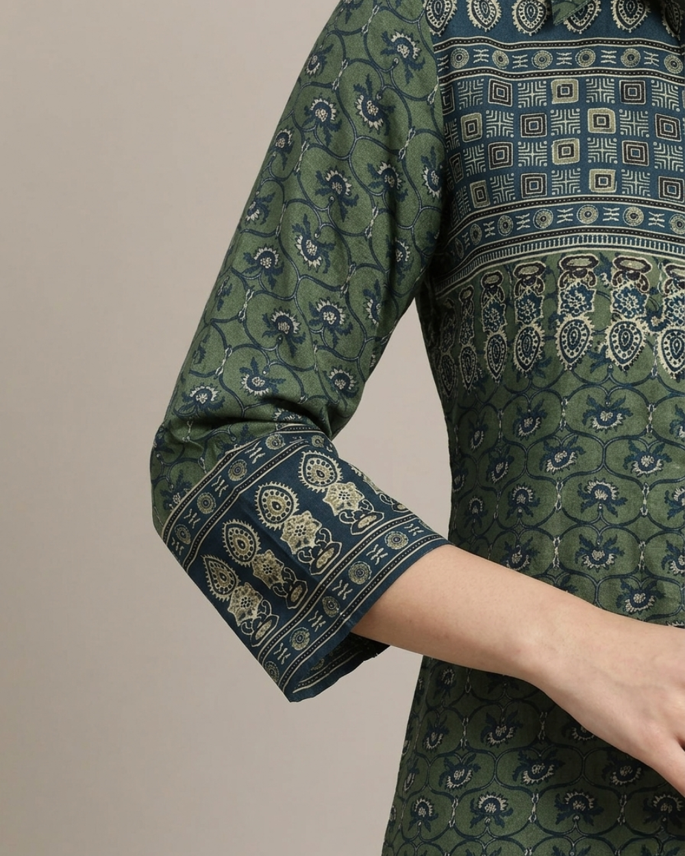 Ira - Olive Green Printed Casual Cotton Shirt for Women