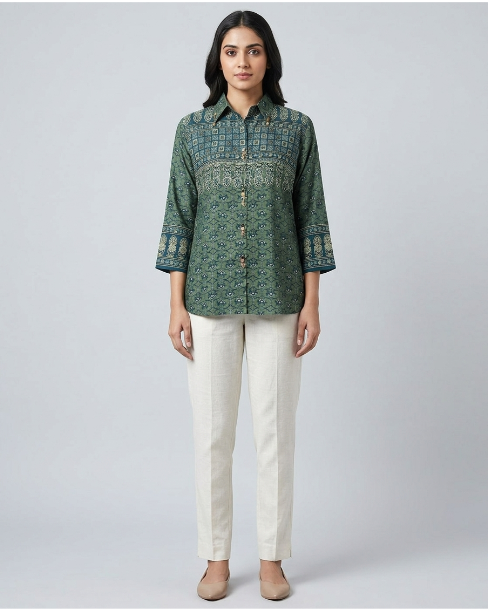 Ira - Olive Green Printed Casual Cotton Shirt for Women