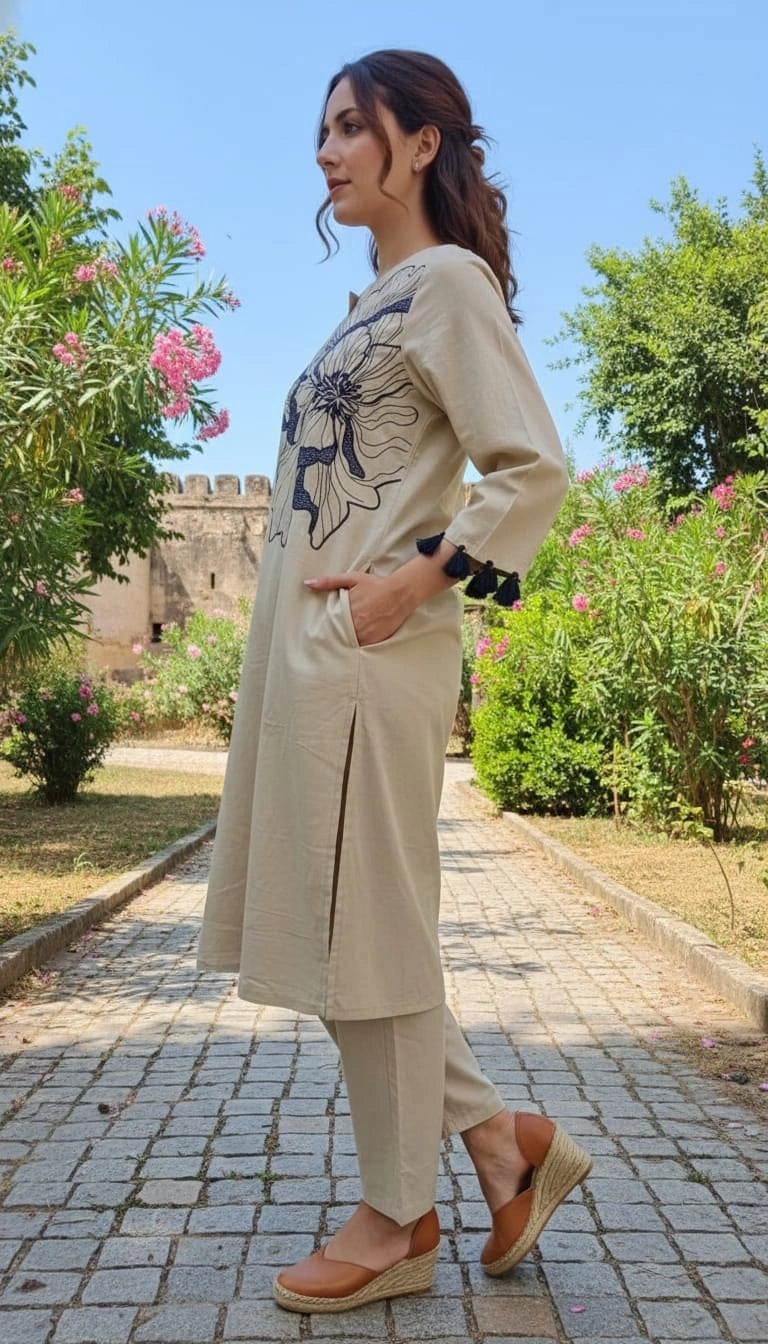 Zaria – Beige Bloom Cotton Kurta Set
