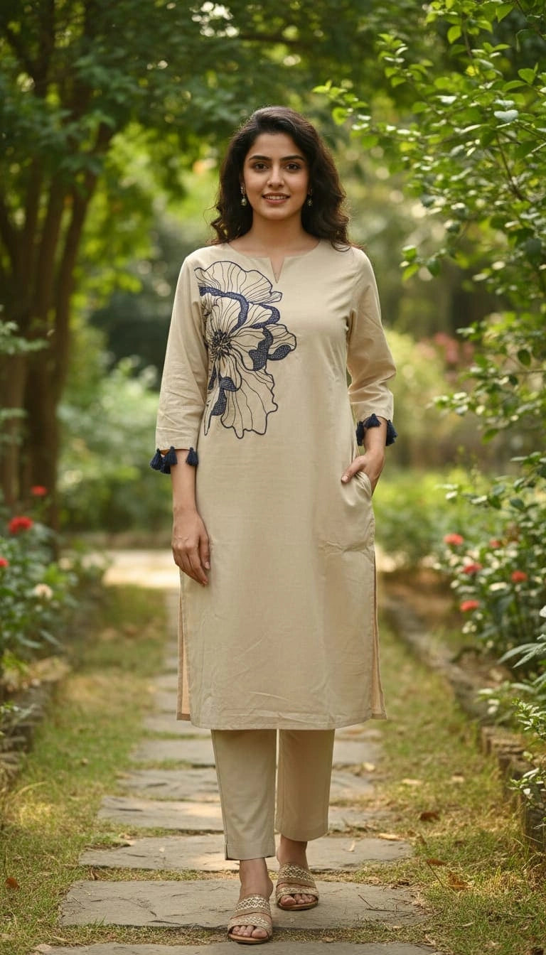 Zaria – Beige Bloom Cotton Kurta Set
