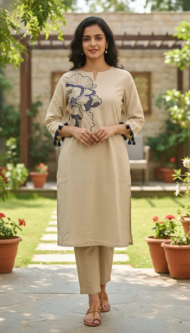 Zaria – Beige Bloom Cotton Kurta Set
