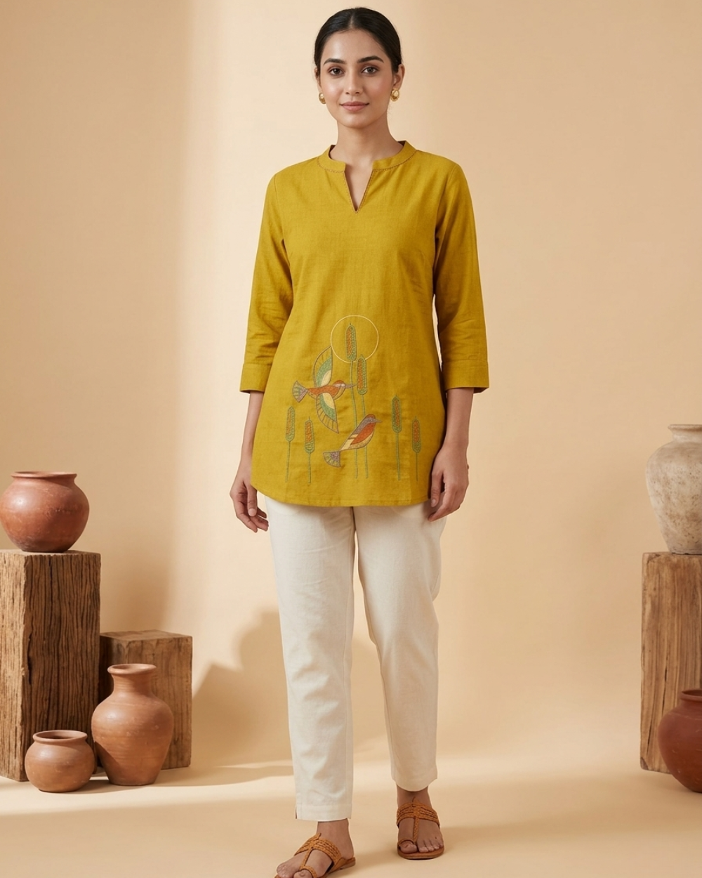 Meher- Mustard Yellow Cotton Short Kurti with Bird Embroidery