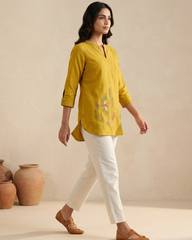 Meher- Mustard Yellow Cotton Short Kurti with Bird Embroidery