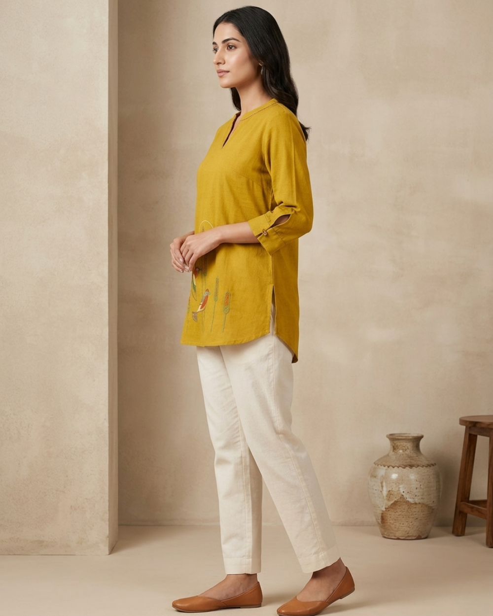 Meher- Mustard Yellow Cotton Short Kurti with Bird Embroidery