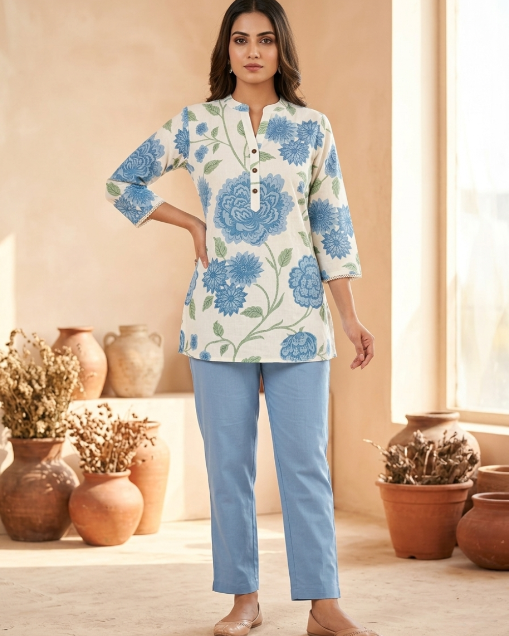 Aashi- Ivory Blue Floral Flex Cotton Short Kurti