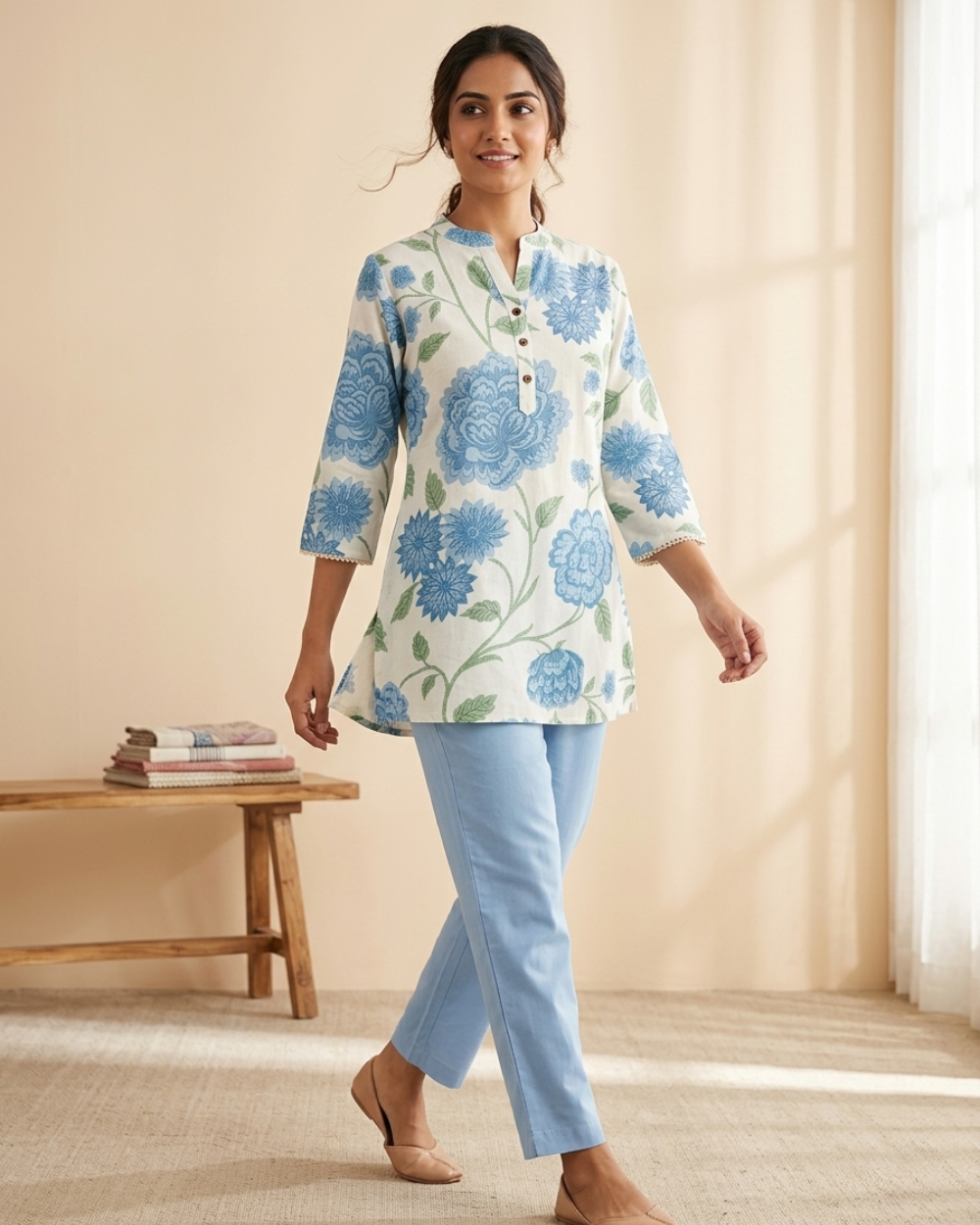 Aashi- Ivory Blue Floral Flex Cotton Short Kurti