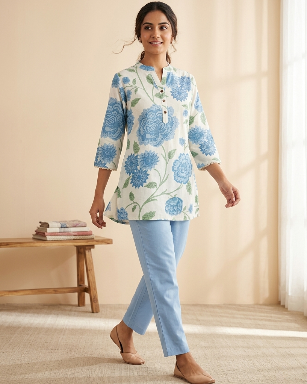 Aashi- Ivory Blue Floral Flex Cotton Short Kurti